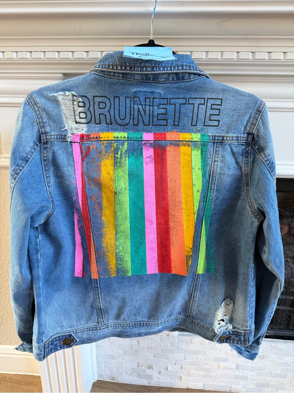 Judith March brunette rainbow denim jacket
